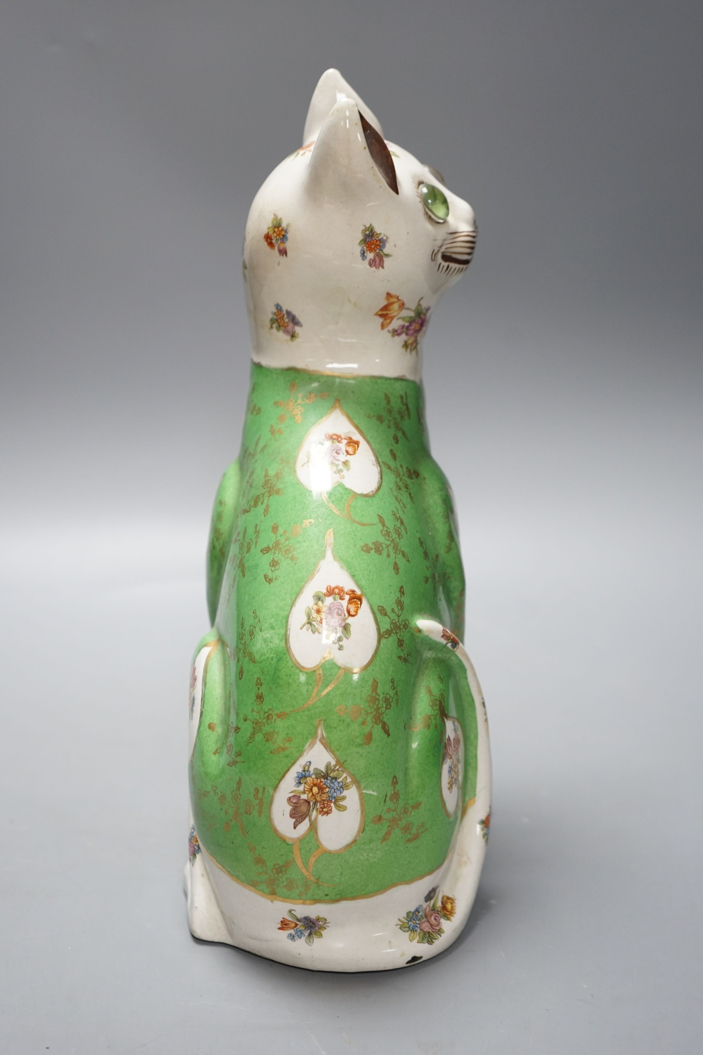 A Galle style polychrome cat, early 20th century, 34cms high